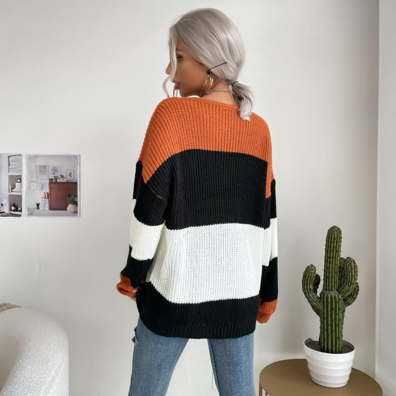 Damen lässiger Strickpullover mit modischem Blockdesign Drune
