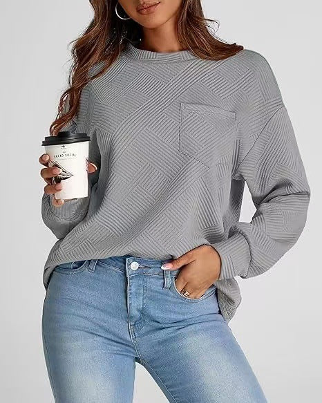 Damen lässiger Sweatshirt mit strukturiertem Design und aufgesetzter Brusttasche Drune