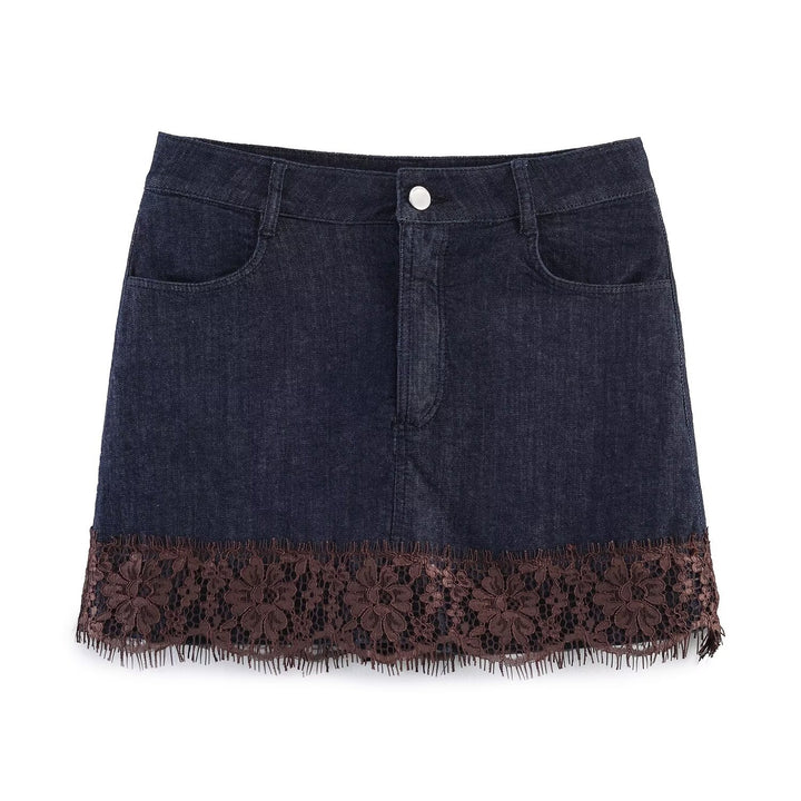 Damen Jeansrock mit exquisiter Spitze und fransigem Saum Drune