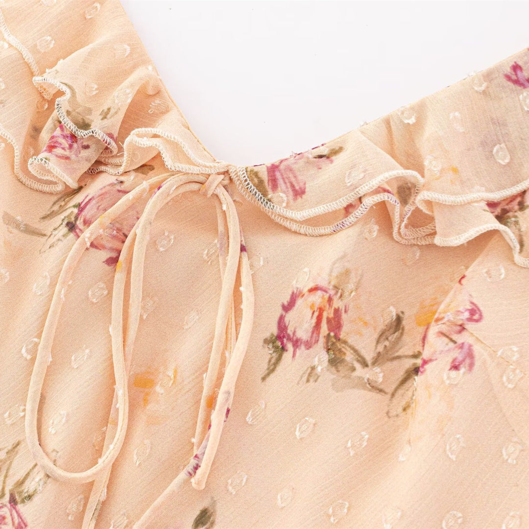 Damen Maxikleid mit floralem Design und eleganten Rüschendetails Drune