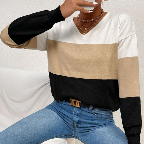 Damen lässiger V-Ausschnitt Pullover mit Farbblock-Design Drune
