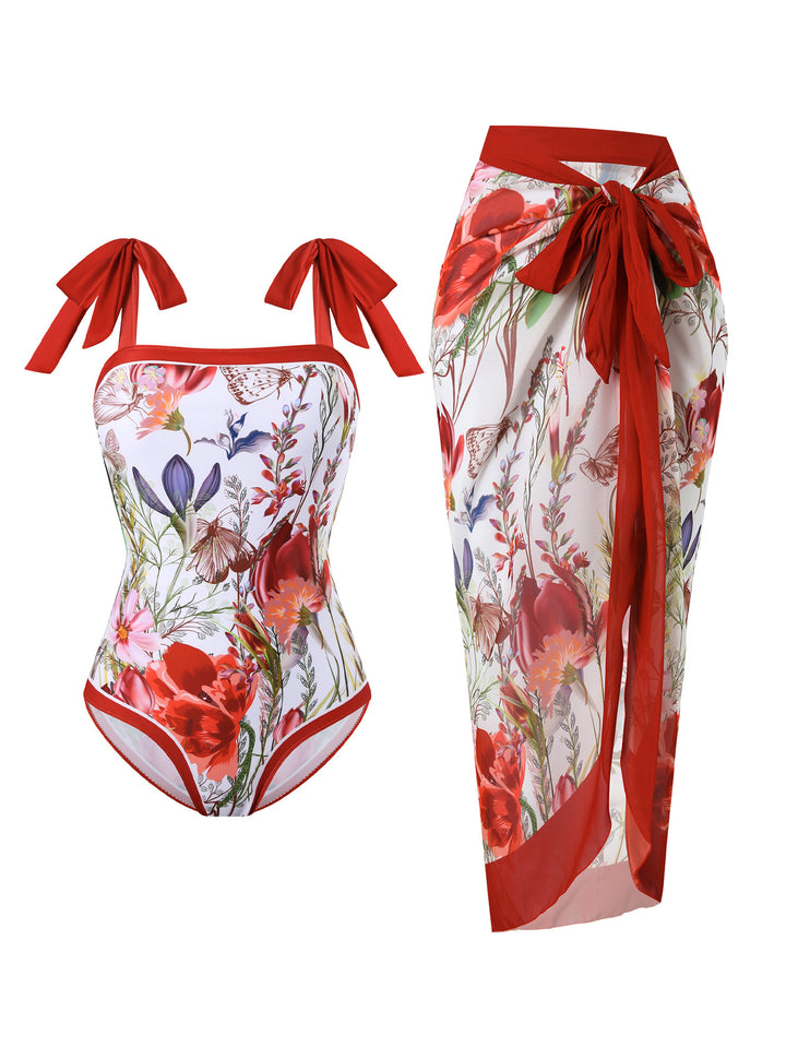 Damen Badeanzug mit floralem Design und transparentem Wickelrock Drune