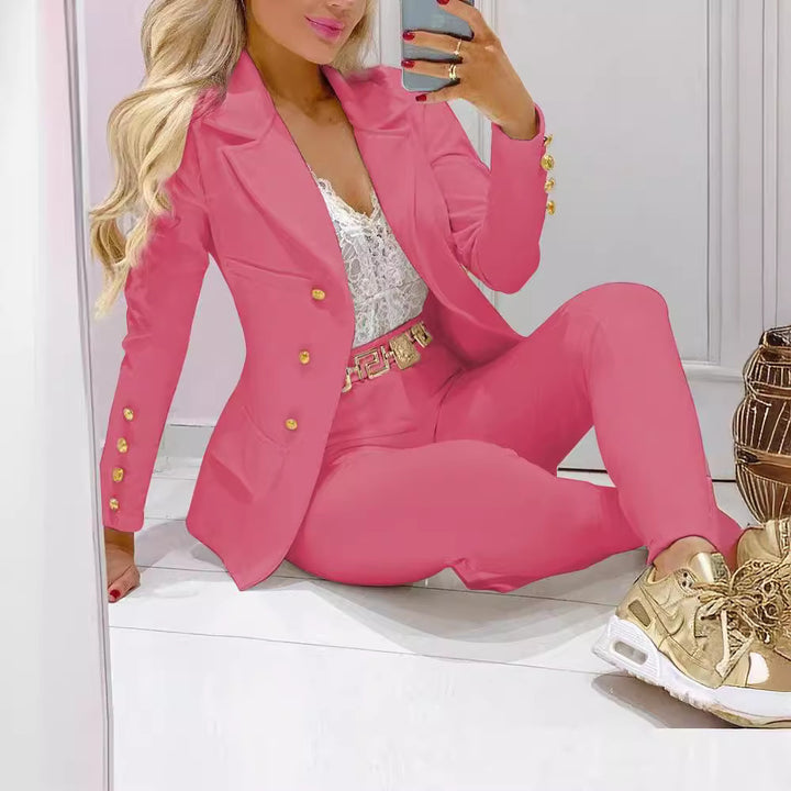 Damen nan tailliertes Doppelreiher-Blazer-Set mit goldknopf-Detail und hochtaillierter Slimhose Drune