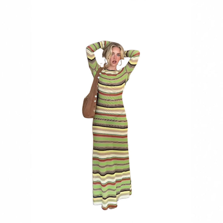 Damen Maxi-Kleid mit einzigartigem Streifenmuster und weitem Arm Drune