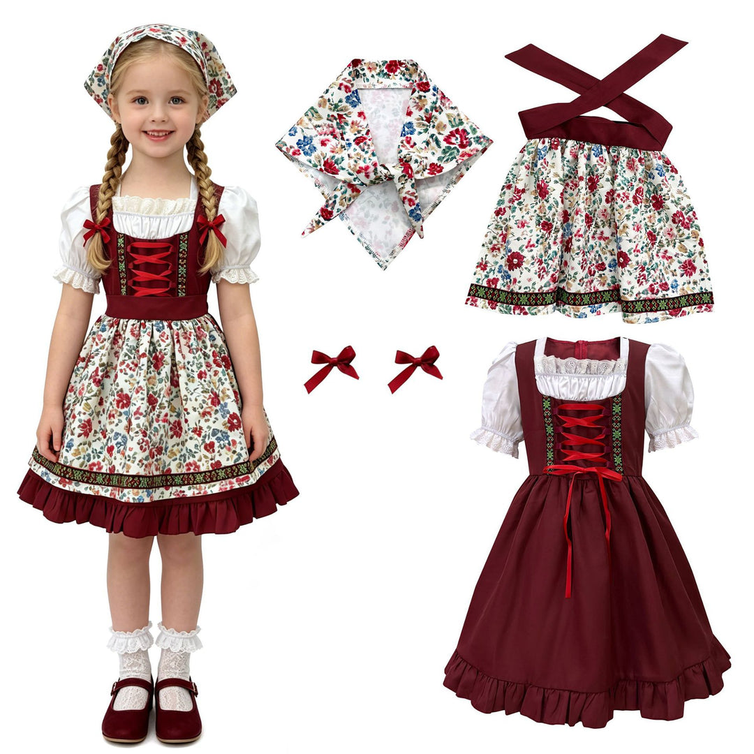 Damen nan traditionelles Kinderdirndl-Set mit bestickter Schürze, Rüschenbluse und Halstuch Drune