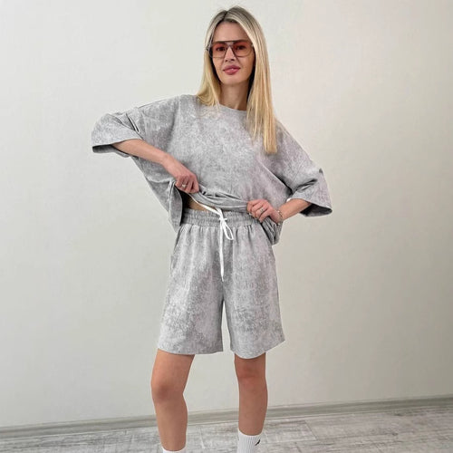 Damen lässiges Kurzarm-Set aus weichem Material mit bequemen Shorts Drune