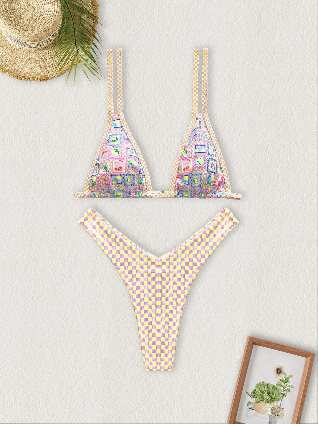 Damen Triangel-Bikini mit buntem Patchwork-Muster Drune