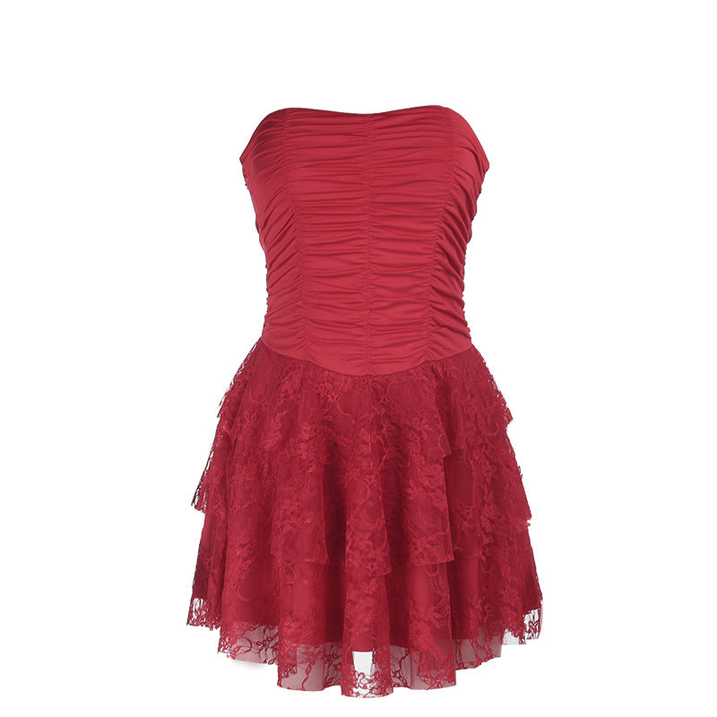 Damen schulterfreies Minikleid mit Rüschendetails und figurbetontem Oberteil Drune
