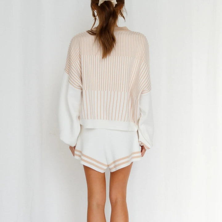 Damen nan fein gestreiftes Strick-Relax-Set mit weitem Fledermausärmel-Pullover und elastischer Taillen-Shorts Drune