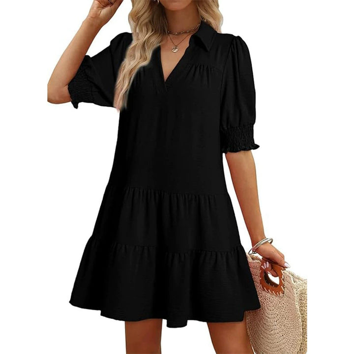 Damen luftiges Sommerkleid mit schickem Kragen und Rüschendetails Drune