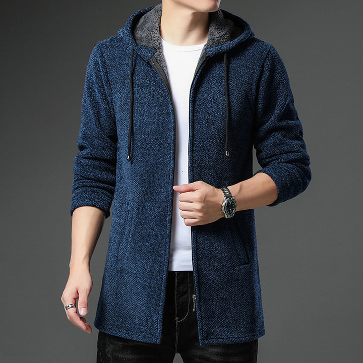 Herren nan urbaner Kapuzen-Strickmantel mit Teddyfutter, verdecktem Reißverschluss und seitlichen Eingrifftaschen Drune