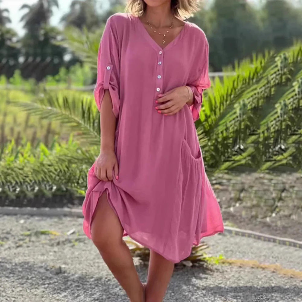 Damen nan luftiges V-Ausschnitt Strandkleid mit Knopfleiste, Krempelärmeln und aufgesetzten Seitentaschen Drune