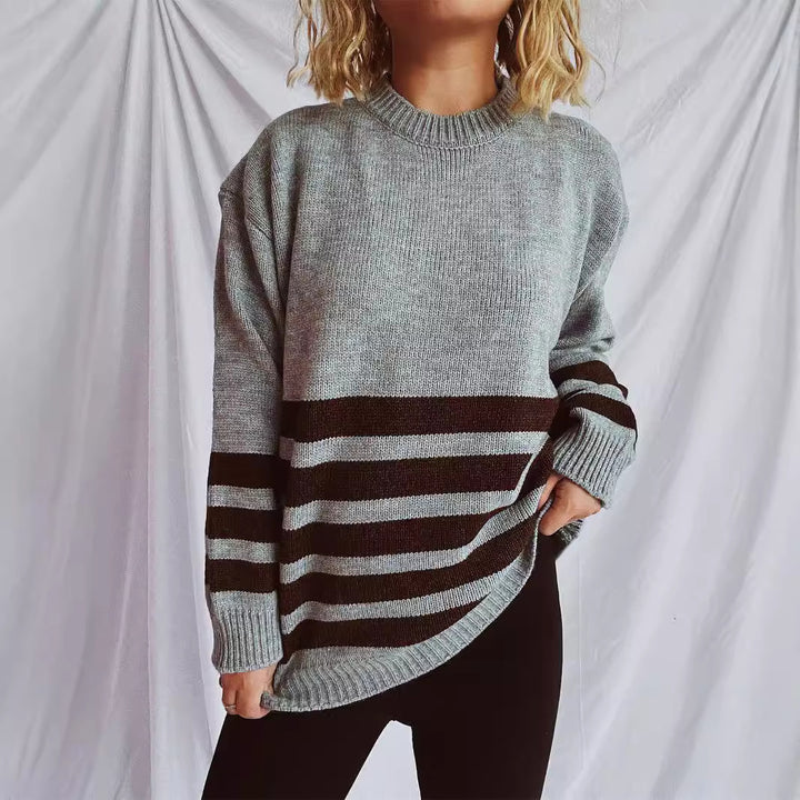 Damen lässiger Strickpullover mit breitem Streifenmuster Drune