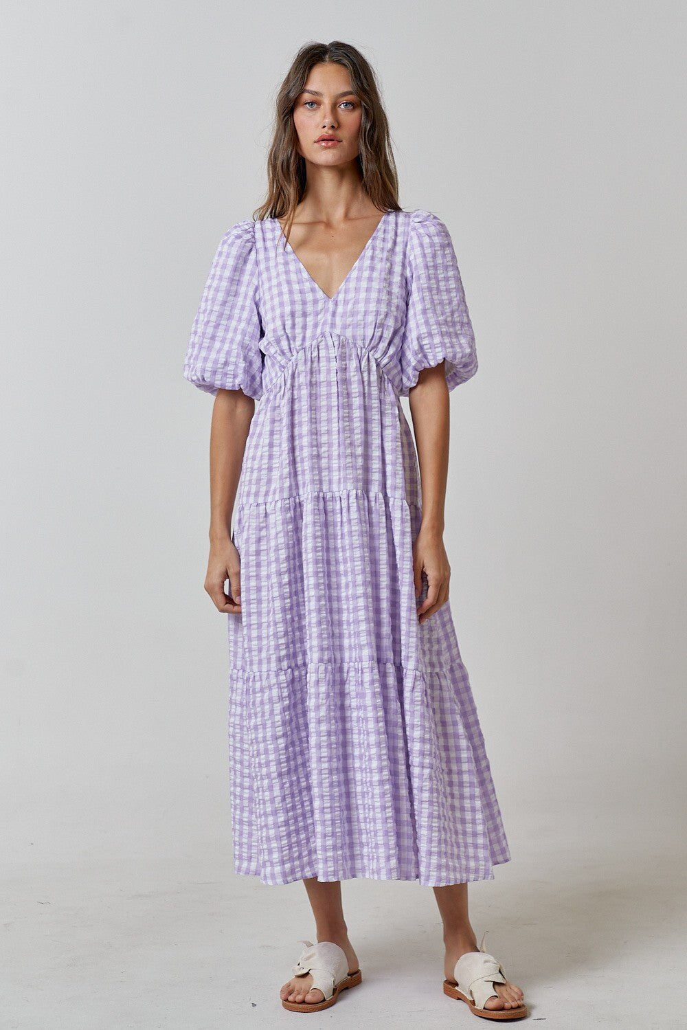 Damen Maxikleid mit voluminösen Puffärmeln und V-Ausschnitt Drune
