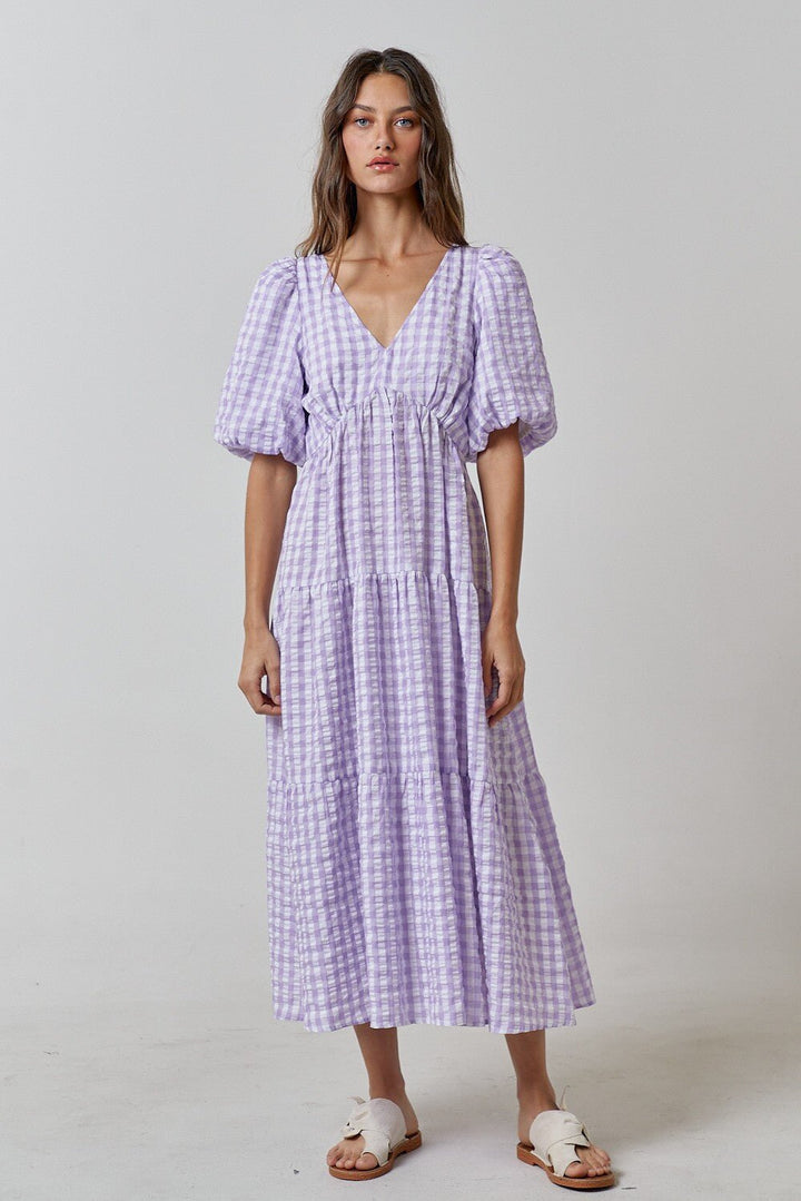 Damen Maxikleid mit voluminösen Puffärmeln und V-Ausschnitt Drune