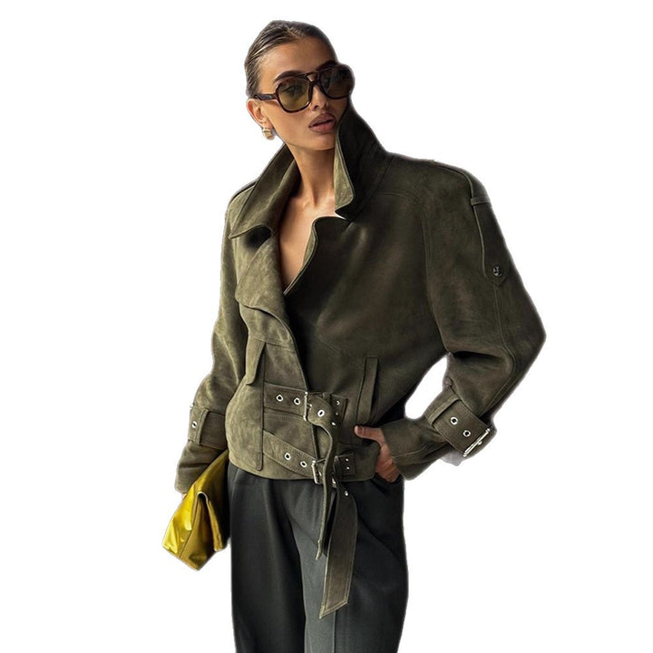 Damen modische Wildlederjacke mit taillierbarem Design und dekorativen Schnallen Drune