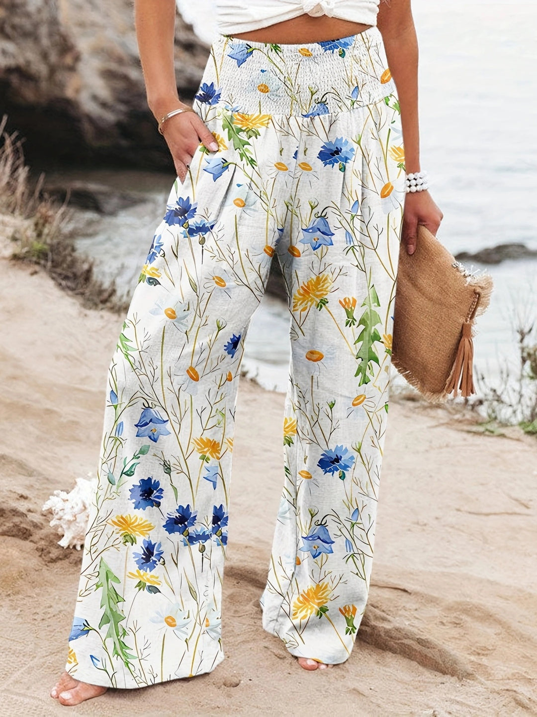 Damen Palazzo-Hosen mit floralem Druck und elastischem Bauchbund Drune