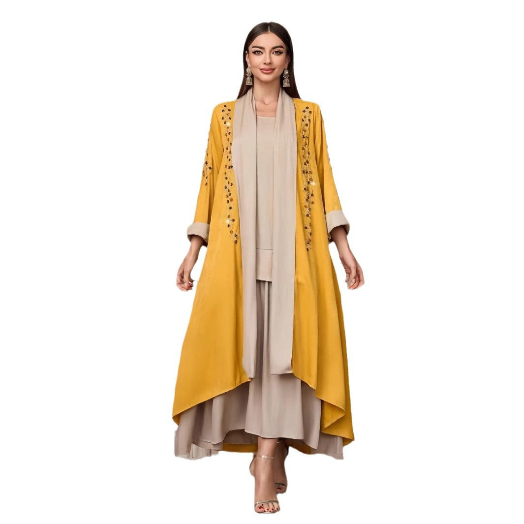 Damen Langarm-Kimono mit dekorativen Applikationen und asymmetrischem Saum Drune