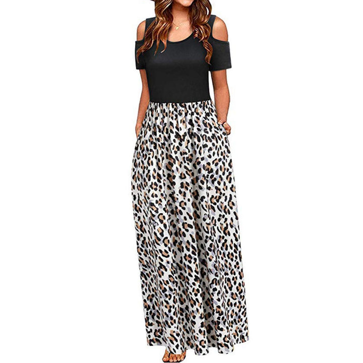Damen Maxikleid mit schulterfreier Optik und buntem Blattmuster Drune