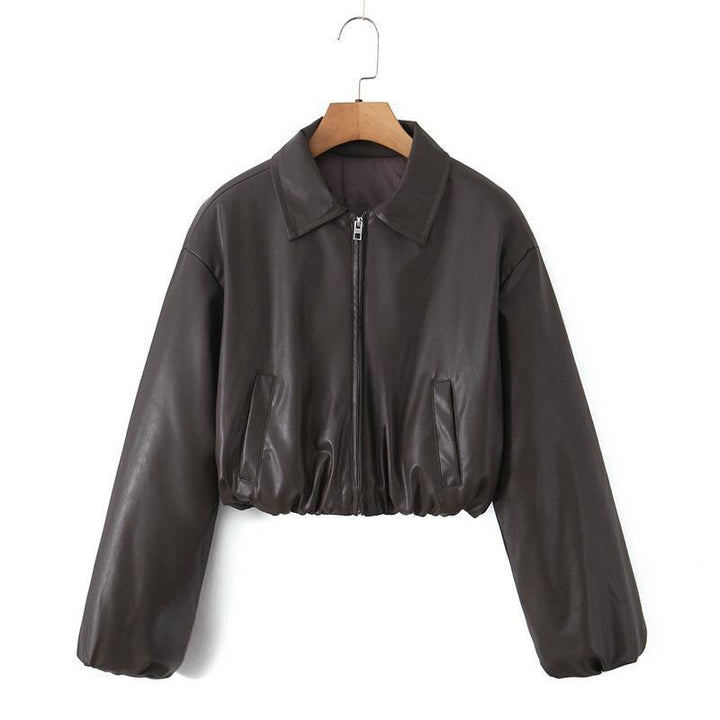 Damen cropped Kunstlederjacke mit praktischen Taschen und Gummibund Drune