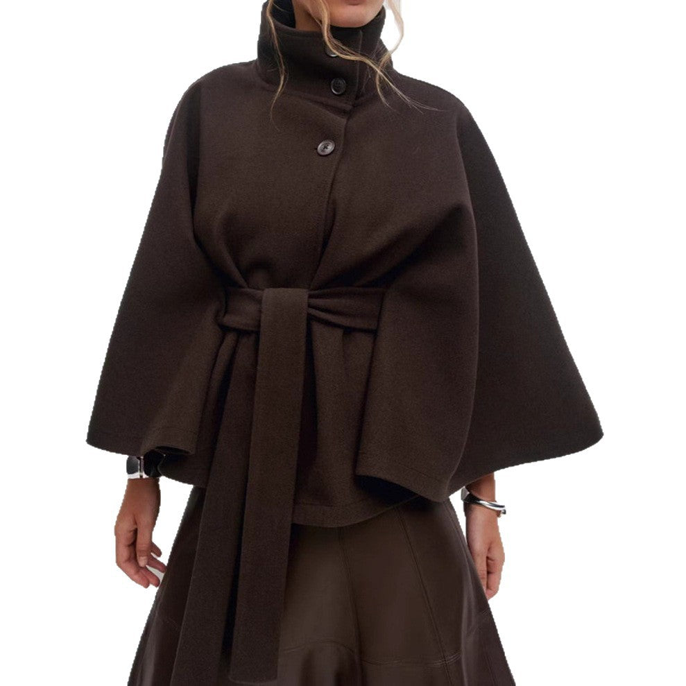 Damen stylische Umhangjacke mit hohem Kragen und Gürtel Drune