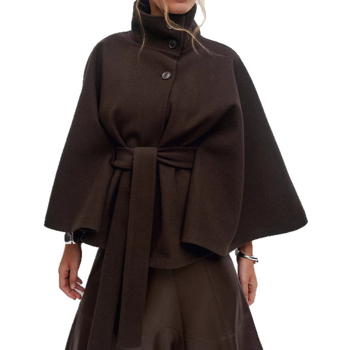 Damen stylische Umhangjacke mit hohem Kragen und Gürtel Drune