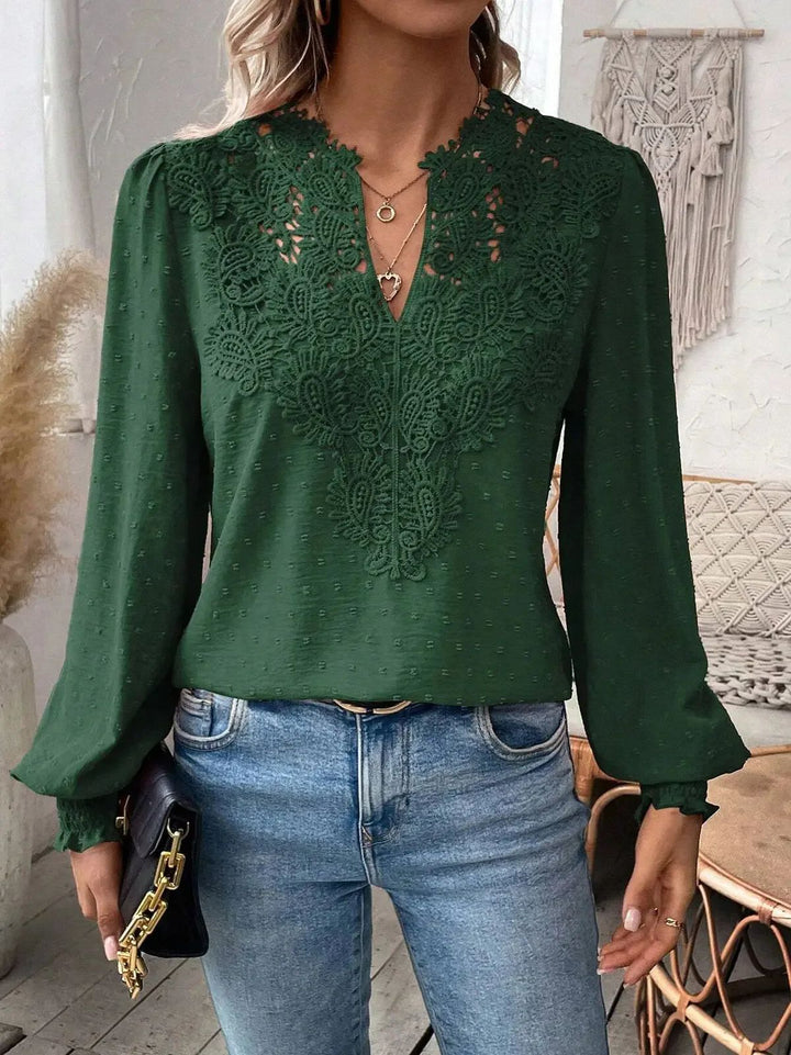 Damen elegante Bluse mit besticktem V-Ausschnitt Drune
