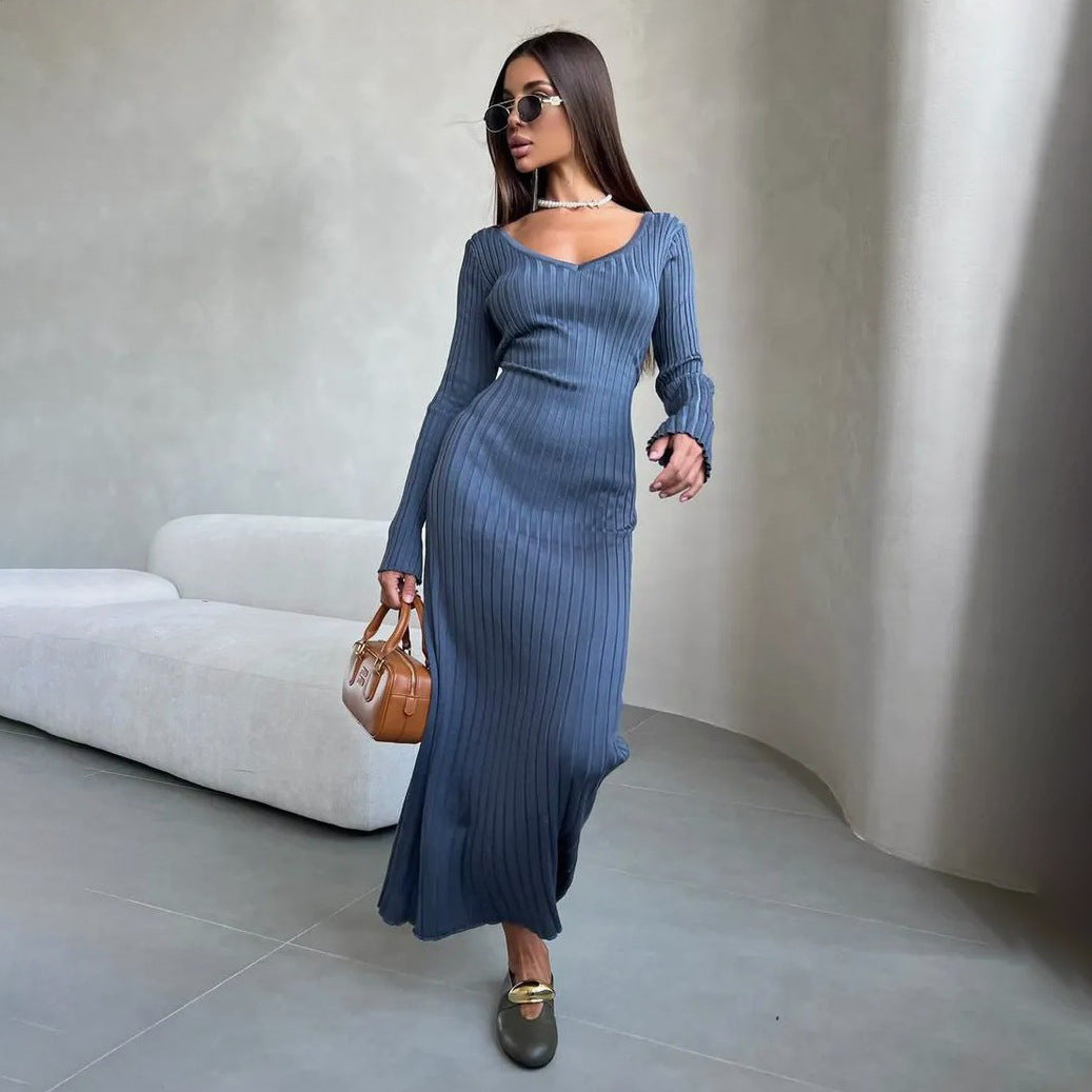 Damen Maxikleid mit raffiniertem Rippenstrick und schulterfreiem Design Drune