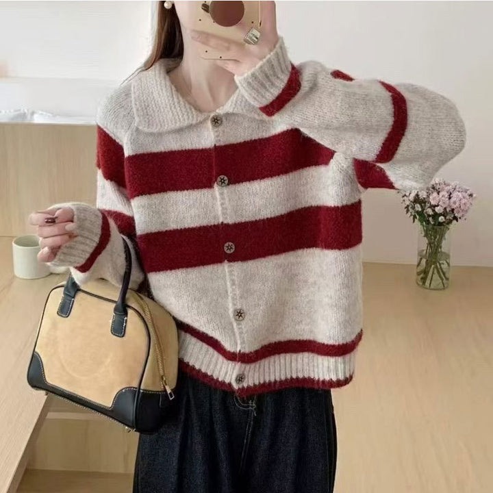 Damen Strickjacke mit dekorativem Kragen und modischen Streifen Drune