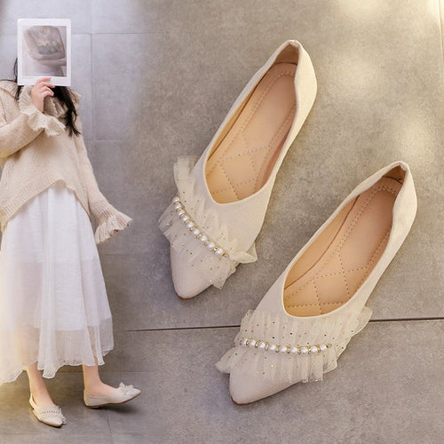 Damen Ballerinas mit dekorativem Rüschen- und Perlenschmuck Drune