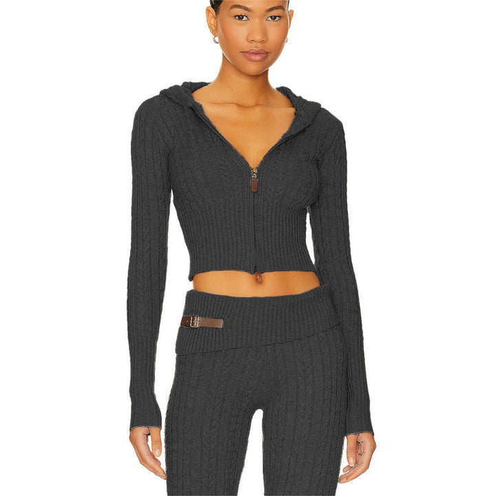 Damen Cropped Strickjacke mit Kapuze und hohem Kragen Drune