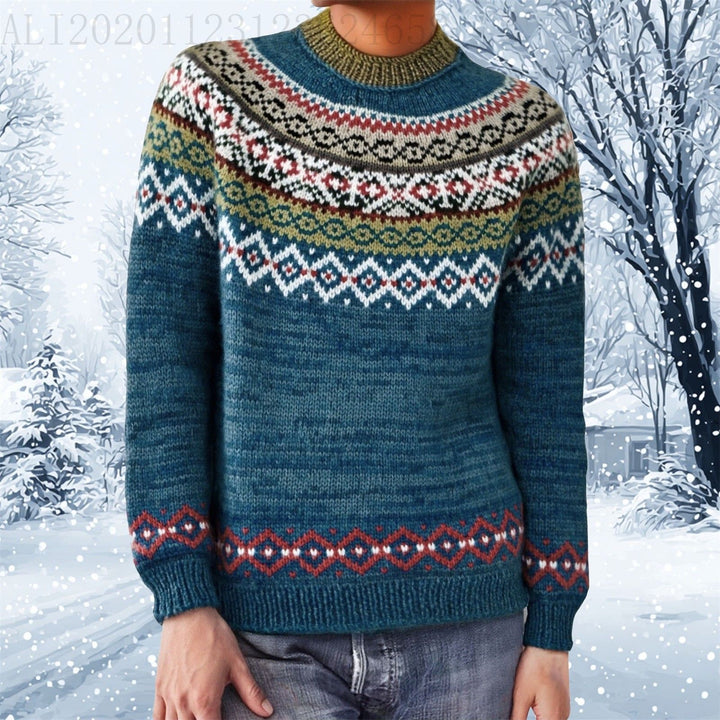 Damen nan melierter Rundhalsausschnittpullover mit kreisförmigem Jacquard-Yoke und geripptem Saum Drune