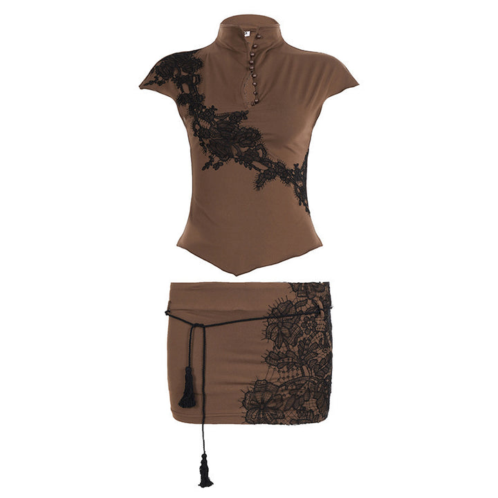 Damen Elegantes Spitzenoberteil mit modischem Kragen und raffinierten Knopfdetails Drune