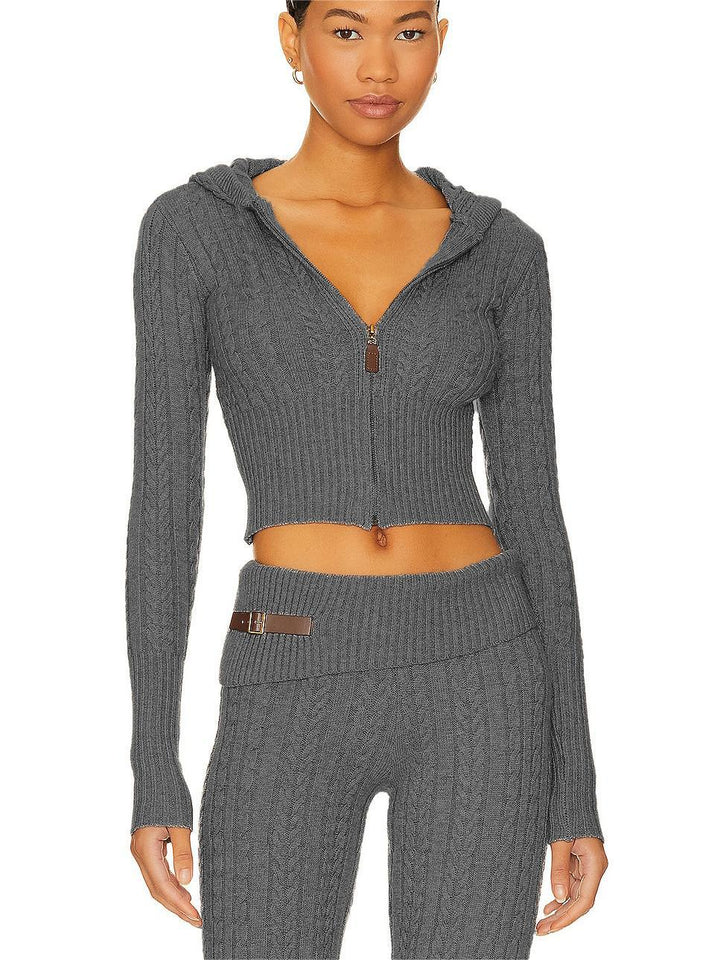Damen Cropped Strickjacke mit Kapuze und hohem Kragen Drune