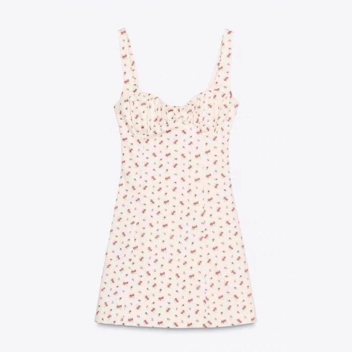 Damen Minikleid mit zartem Blumenmuster und schmalen Trägern Drune