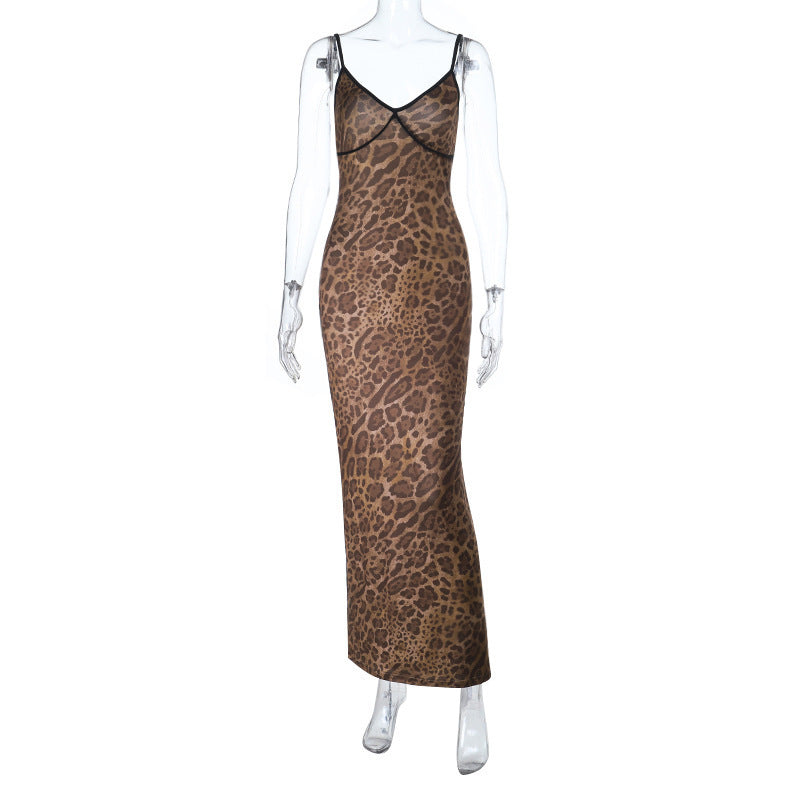Damen Elegantes tierisches Maxikleid mit Spaghetti-Trägern und figurbetontem Schnitt Drune