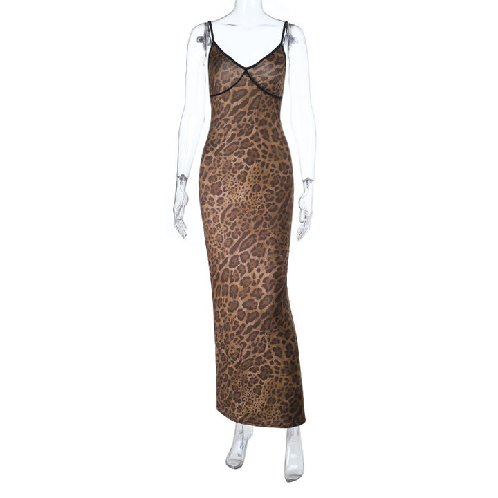 Damen Elegantes tierisches Maxikleid mit Spaghetti-Trägern und figurbetontem Schnitt Drune