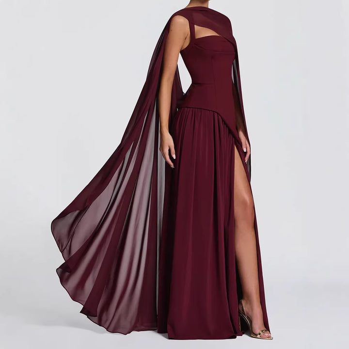 Damen Elegantes Maxikleid mit asymmetrischem Schnitt und fließendem Cape Drune