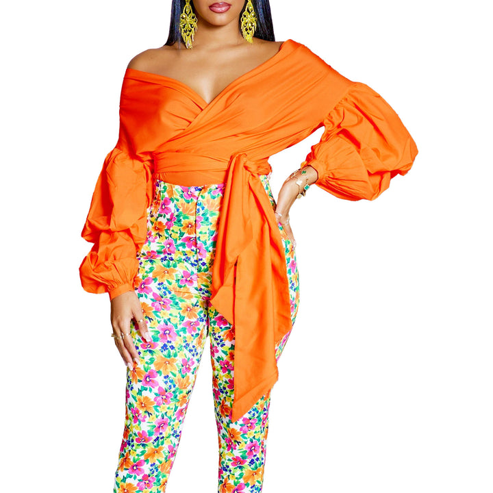 Damen Wickelbluse mit voluminösen Ärmeln und eleganter Schleifenbindung Drune