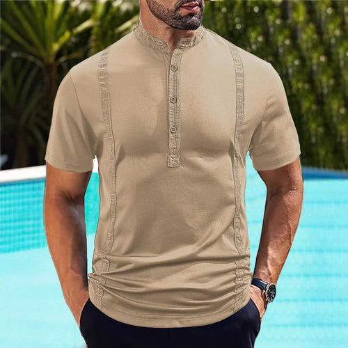 Herren nan Kurzarm-Stehkragenshirt mit verdeckter Knopfleiste, Zierpaspeln und figurbetonter Silhouette Drune