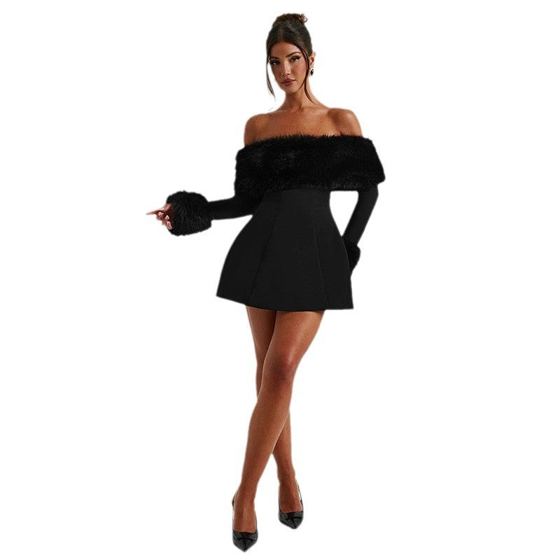 Damen Offshoulder-Kleid mit luxuriöser Futterverzierung und schwingendem Rock Drune