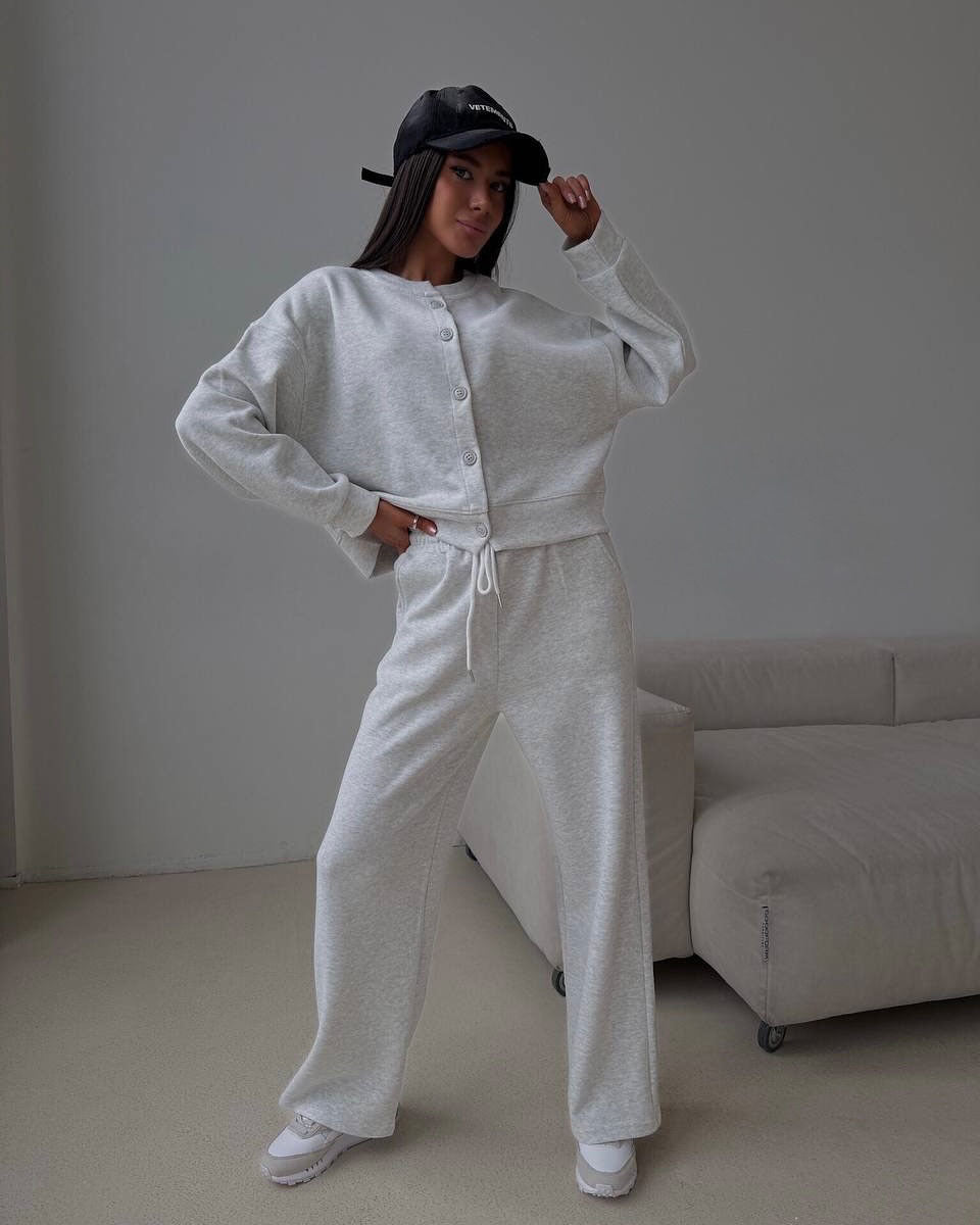 Damen lässiges Sweat-Set mit Knöpfen und weiten Hosen Drune