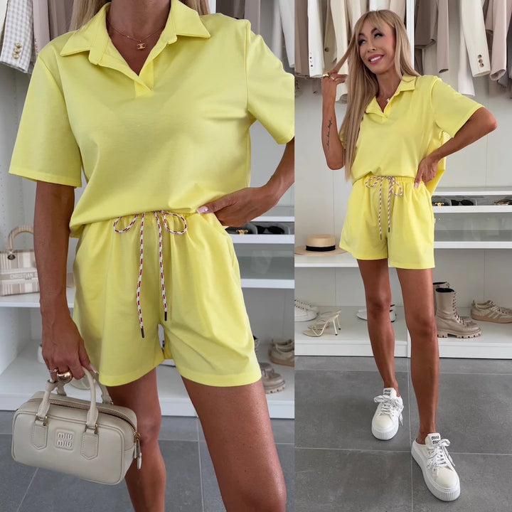 Damen bequemer Polo-Kurzoverall mit elastischem Bund und Kordelzug Drune