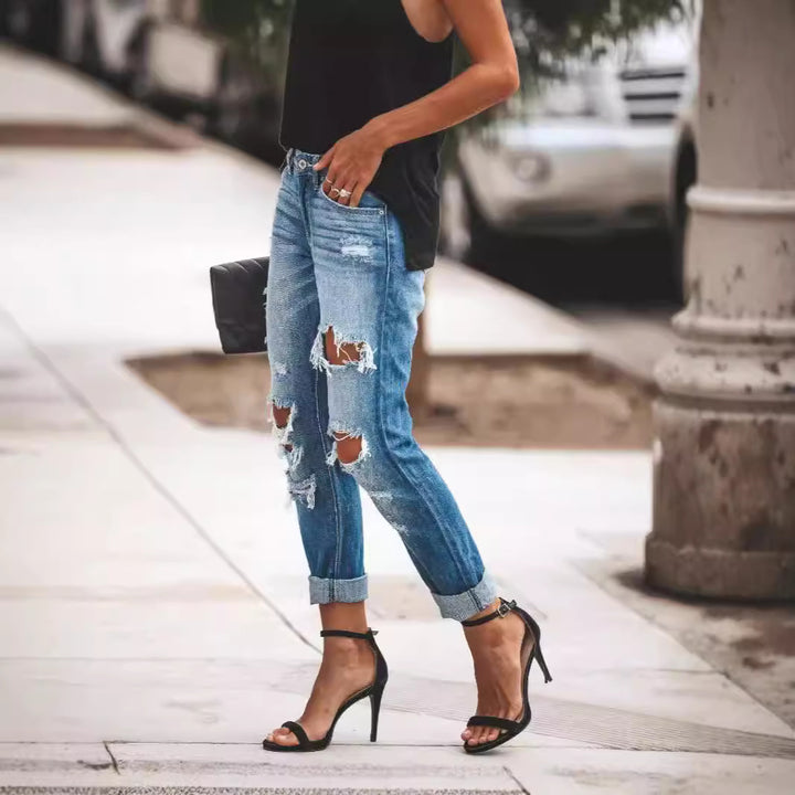 Damen Destroyed Boyfriend Jeans im lässigen Stil mit hohen Rissdetails Drune