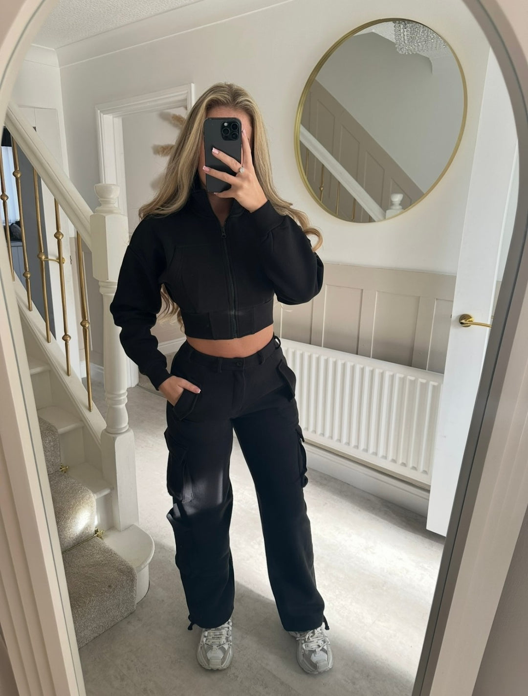 Damen modisches Cropped Jacken- und Cargo-Hosen-Set Drune