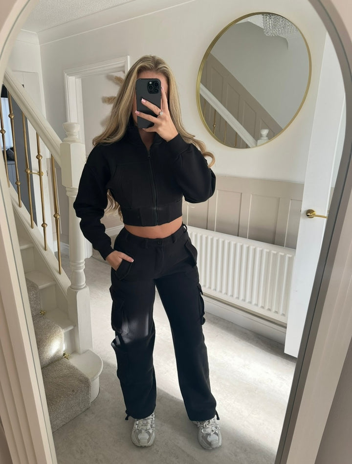 Damen modisches Cropped Jacken- und Cargo-Hosen-Set Drune