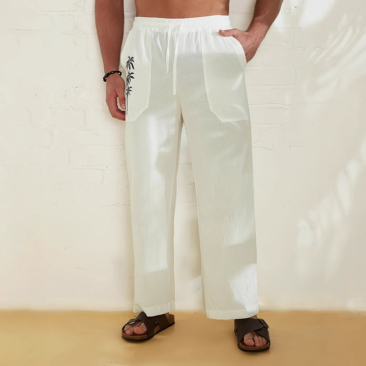 Herren lässige Leinen-Relax-Hose mit palmenmotivierten Taschen Drune