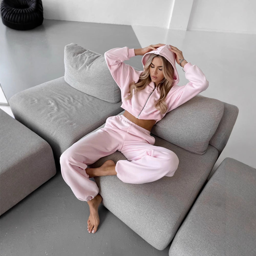 Damen lässiges Fleece-Loungewear-Set mit Kapuze und elastischen Bündchen Drune
