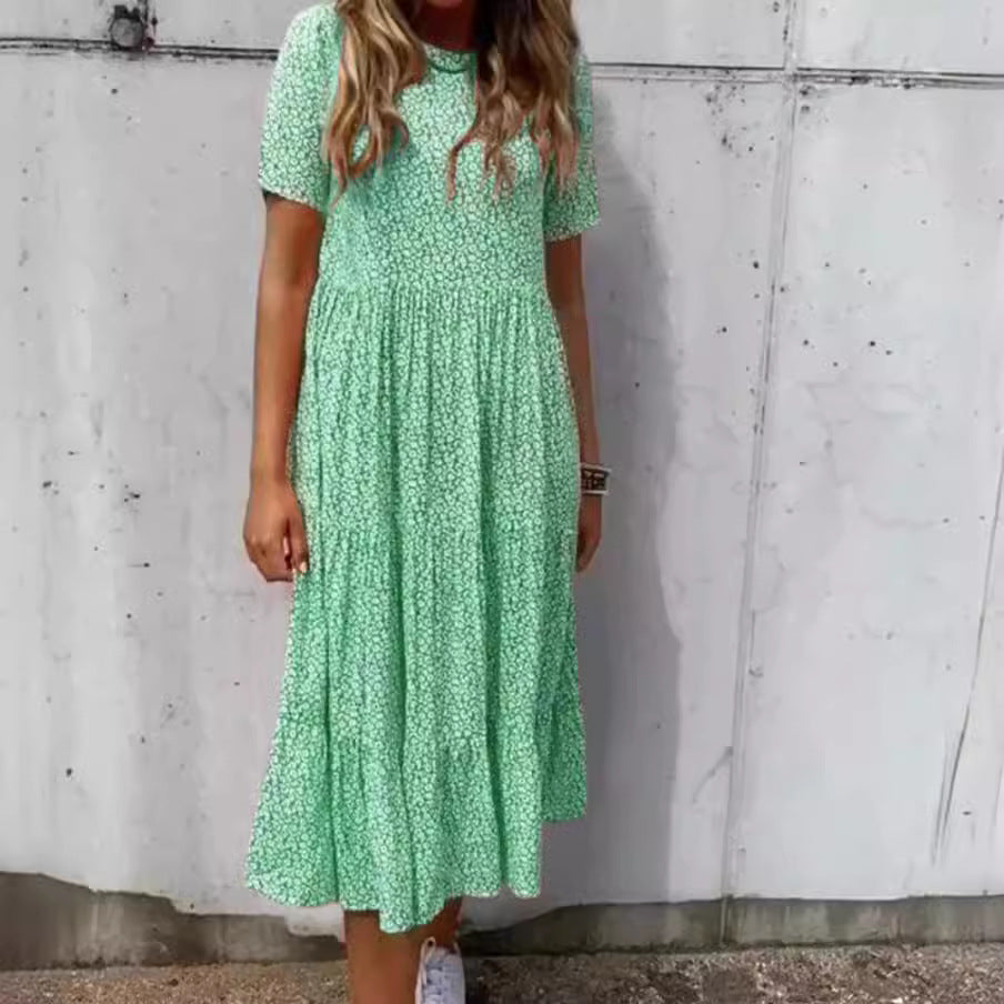 Damen nan geblümtes gekrepptes Midikleid mit geraffter Empire-Taille, kurzen Ärmeln und stufigem Volantrock Drune