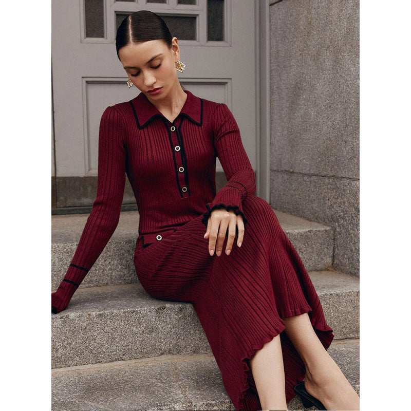 Damen Elegantes Strickkleid mit Kragen und Knopfdetails Drune
